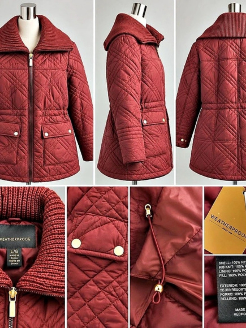 Weatherproof Merlot Quilted Jacket Ribbed Collar L NWT